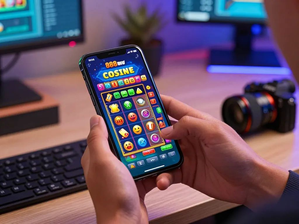 Experience the excitement of playing 888new win through a mobile casino app, showcasing vibrant slot games and dynamic visuals.