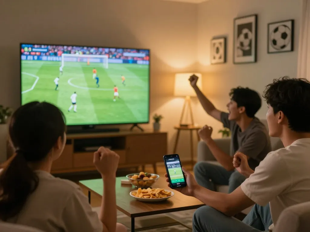 Friends using luongsontv app to watch live football match together in cozy living room.