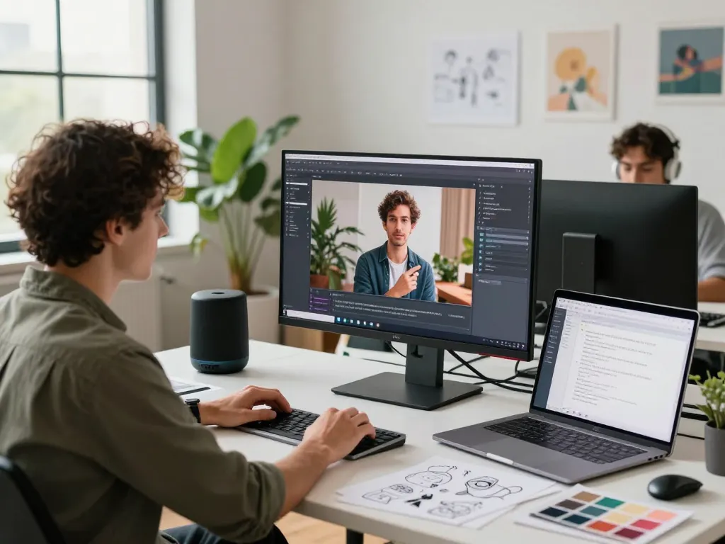 Developer engaging with image to prompt ai on multiple screens in a creative workspace.
