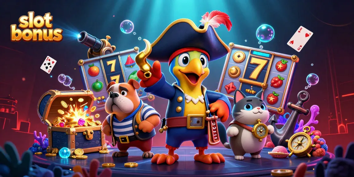 Engage with thrilling slot bonuses in this vibrant, pirate-themed casino illustration.