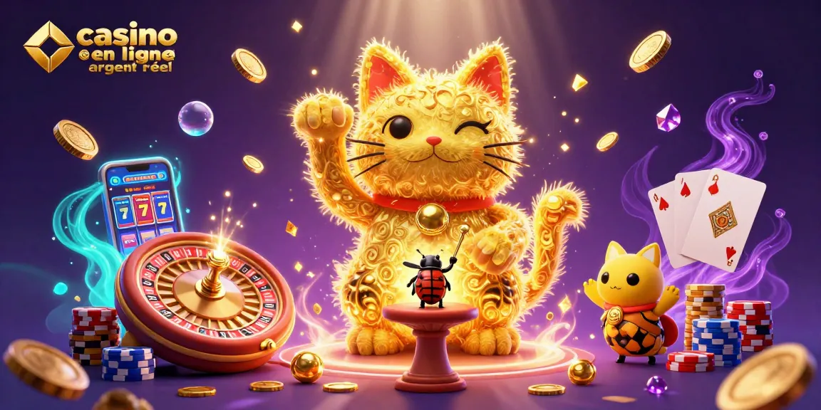 Découvrez les jeux de casino en ligne argent réel avec une illustration captivante remplie de symboles et de lumières.