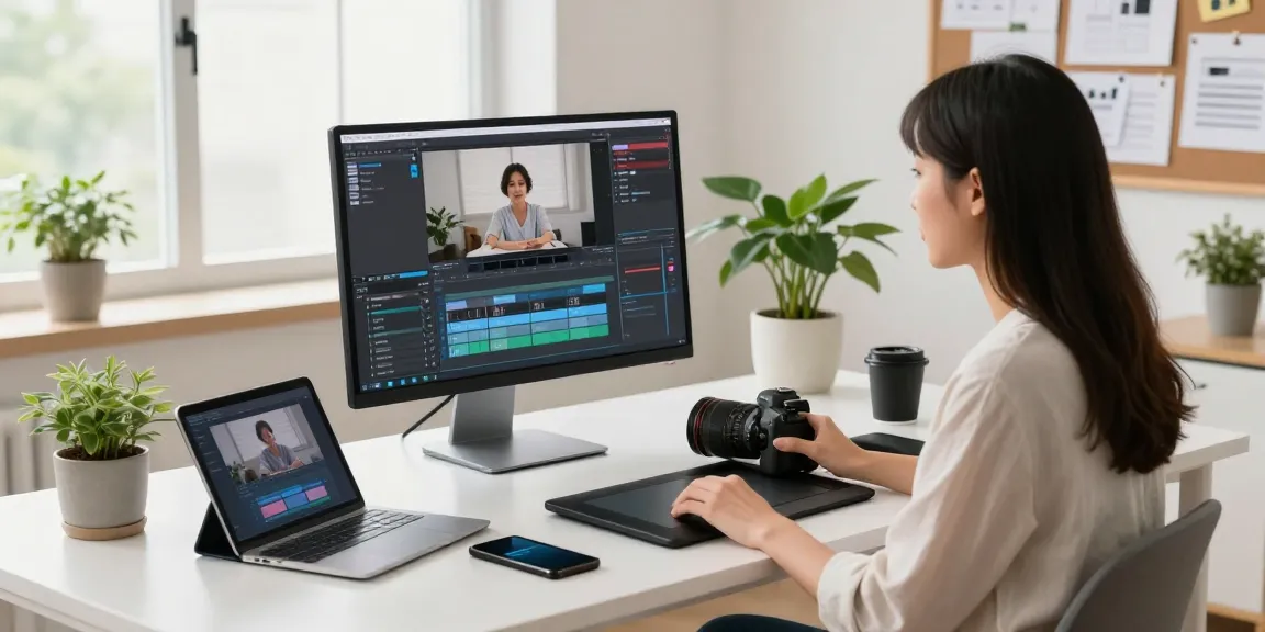 Content creator using AI video prompt technology in a modern workspace.