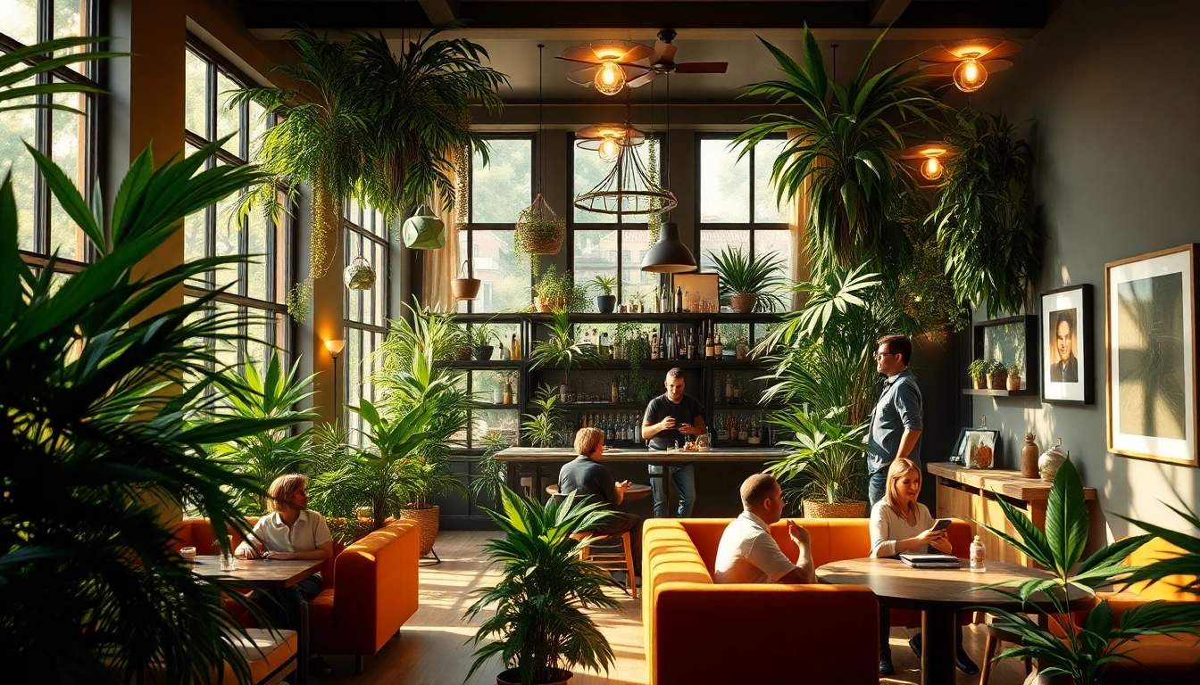 Relaxed patrons gather at the Weed Club Madrid, creating a welcoming atmosphere with lush decor.