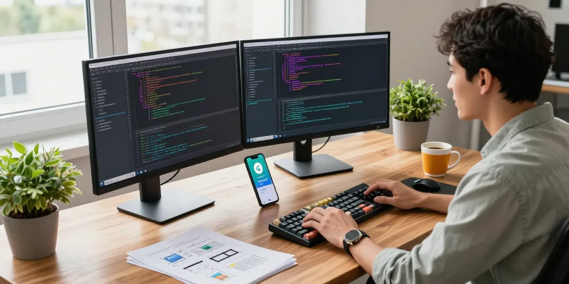 纸飞机中文版 features showcased in a modern workspace of a software developer, with screens displaying coding and Telegram notifications.
