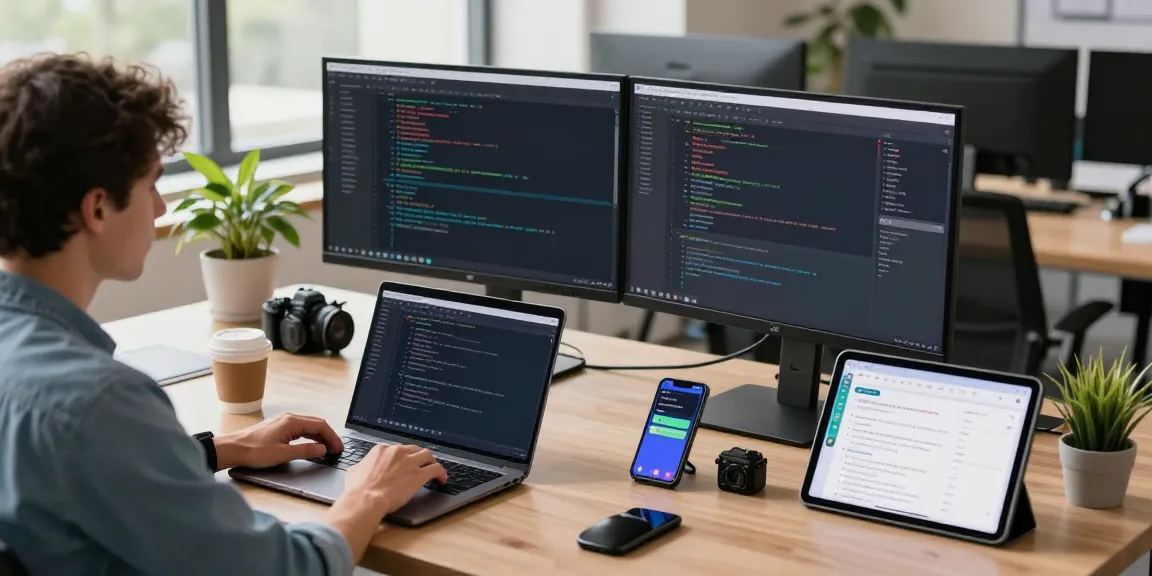 Developer coding with OpenClawd in a modern workspace, showcasing dual monitors and tech tools.