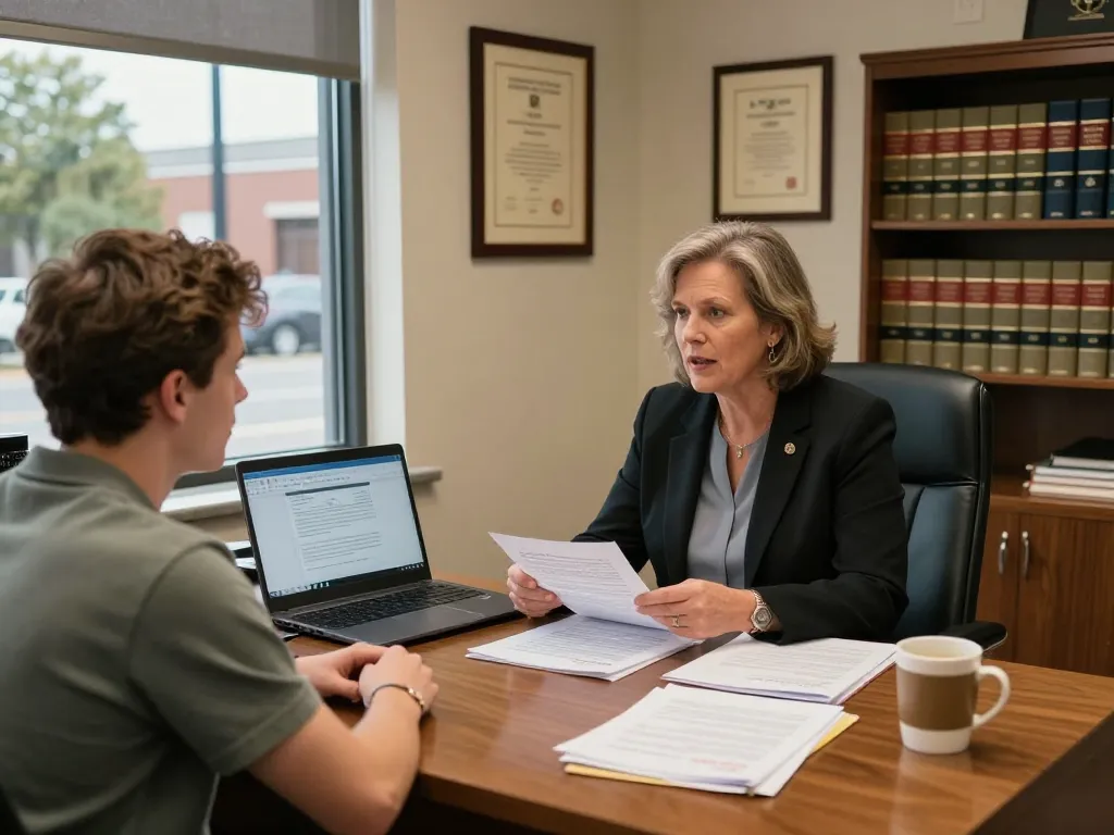 Virginia Personal Injury Lawyer discussing case with client in warm Norfolk office