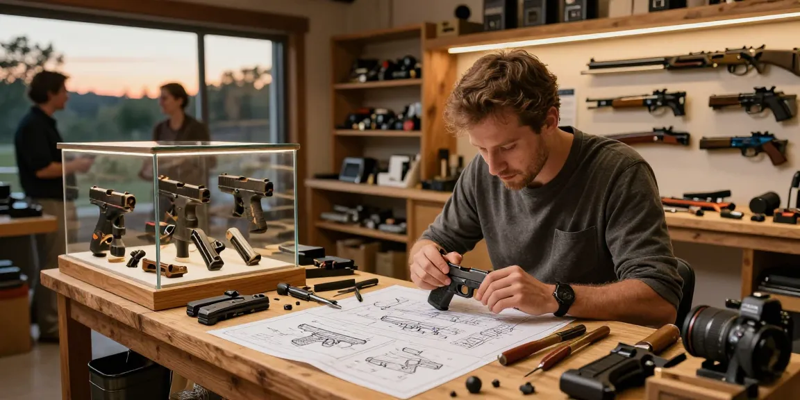Gunsmith at https://precisionglockslides.com working on custom Glock slides in a workshop.
