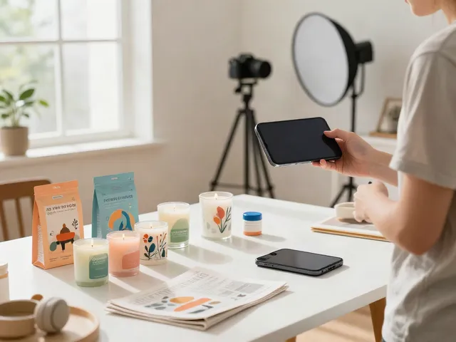 Person using an AI product photo generator in a bright e-commerce workspace filled with products.