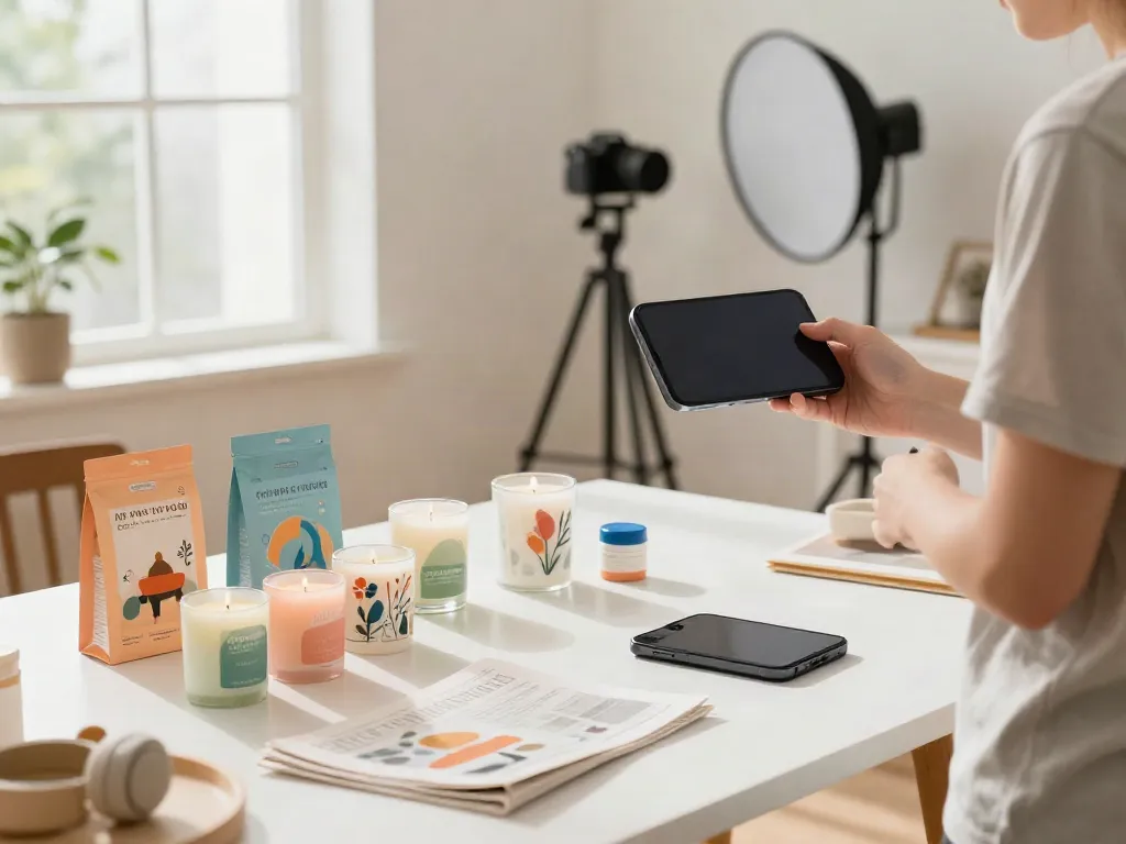 Person using an AI product photo generator in a bright e-commerce workspace filled with products.