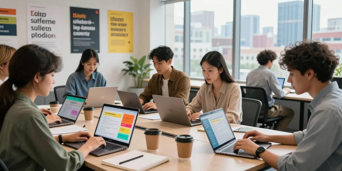 Apply job notifications pop up as diverse job seekers collaborate in a vibrant co-working space.