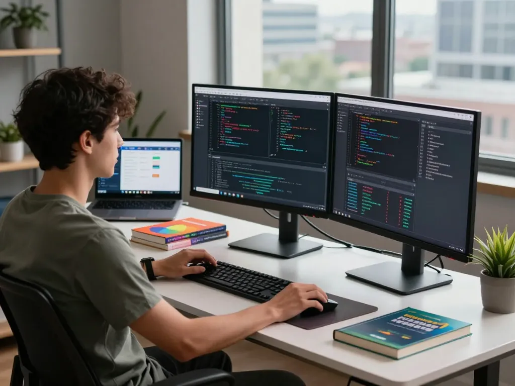 Developer using Clawdbot AI assistant on dual monitors in a modern workspace.