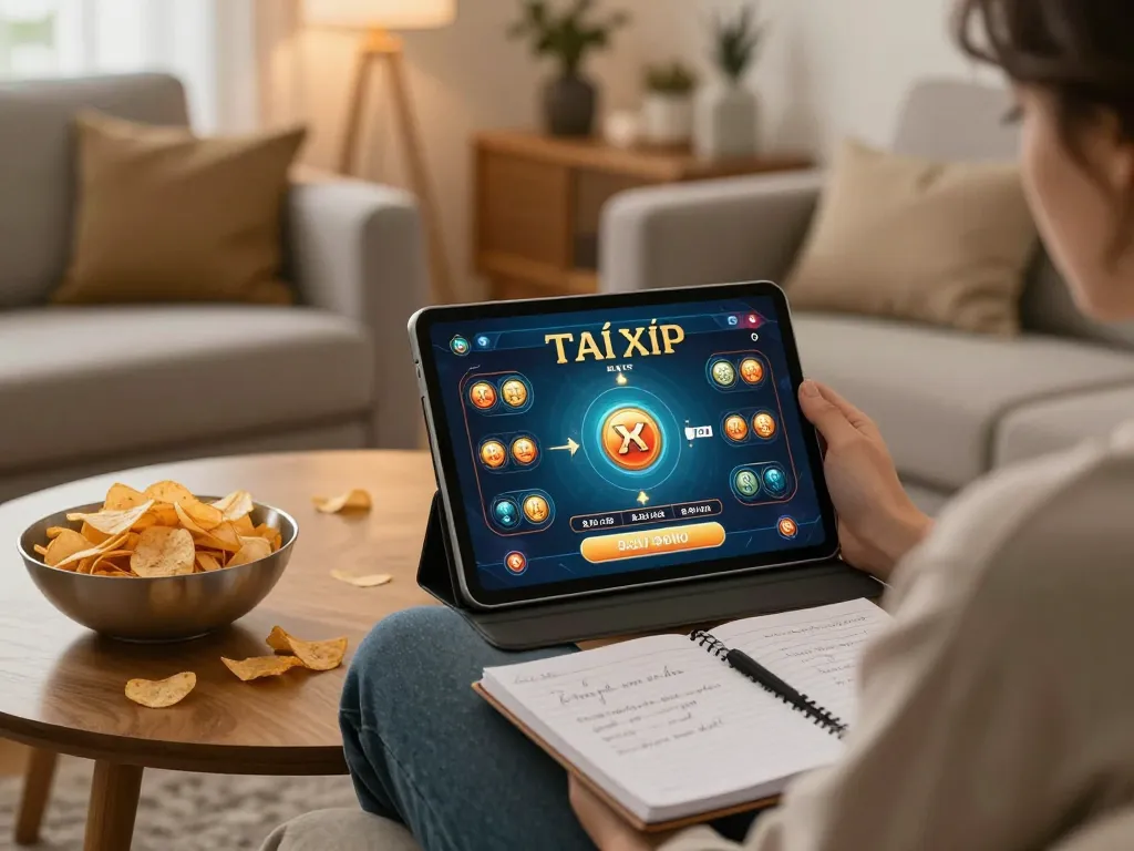 Engaged player at taixiuonline8 using a tablet for online Tài Xỉu gaming, showcasing a cozy atmosphere.