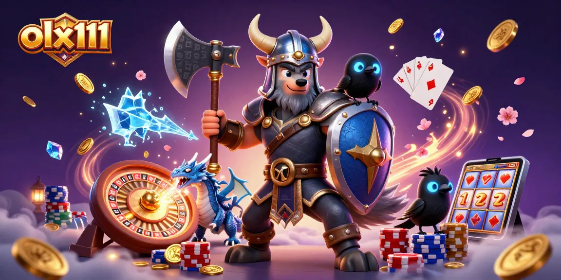 Win big with olx111 in an exciting casino scene featuring a Viking wolf, dragon, and golden treasures.