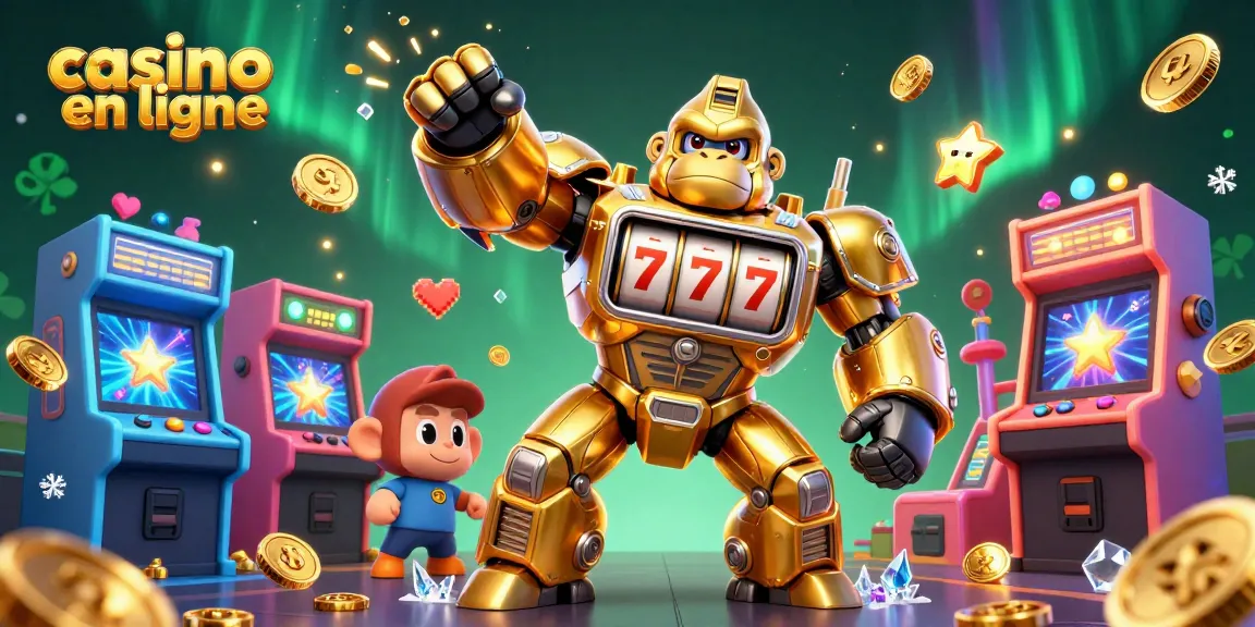 Gagnez au casino en ligne avec un décor dynamique de machines à sous et une magnifique illustration de gorille robot.