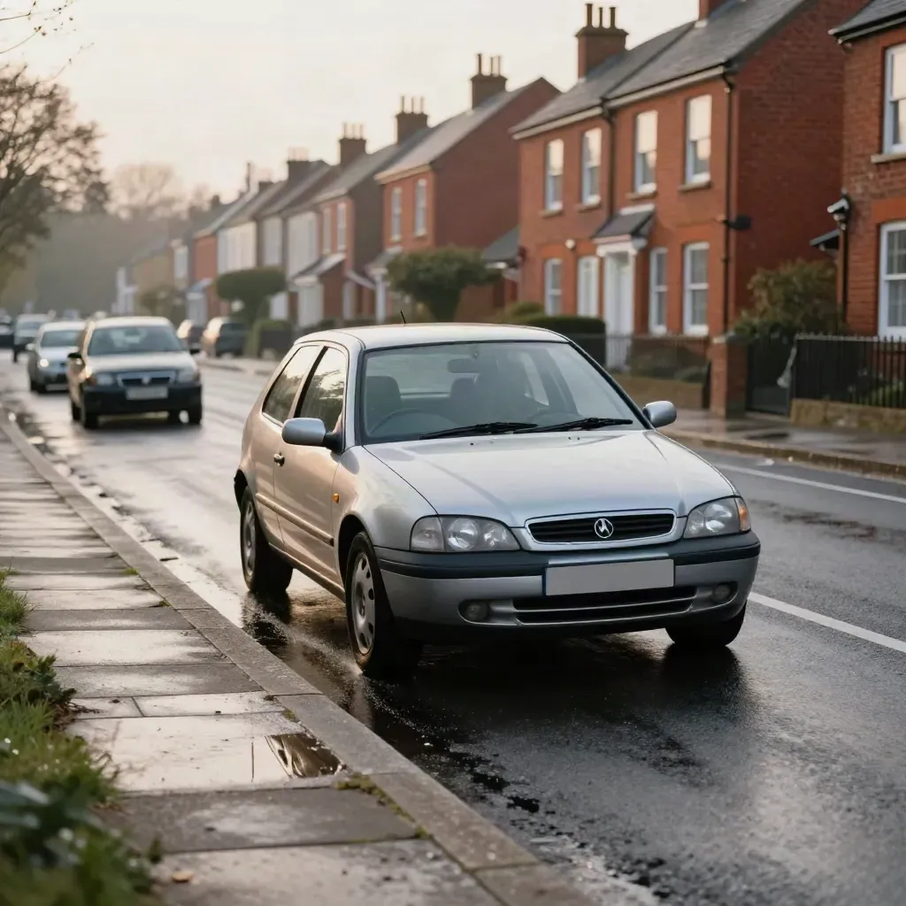 Silver refresher car easing back onto a wet Surrey side road beside brick houses