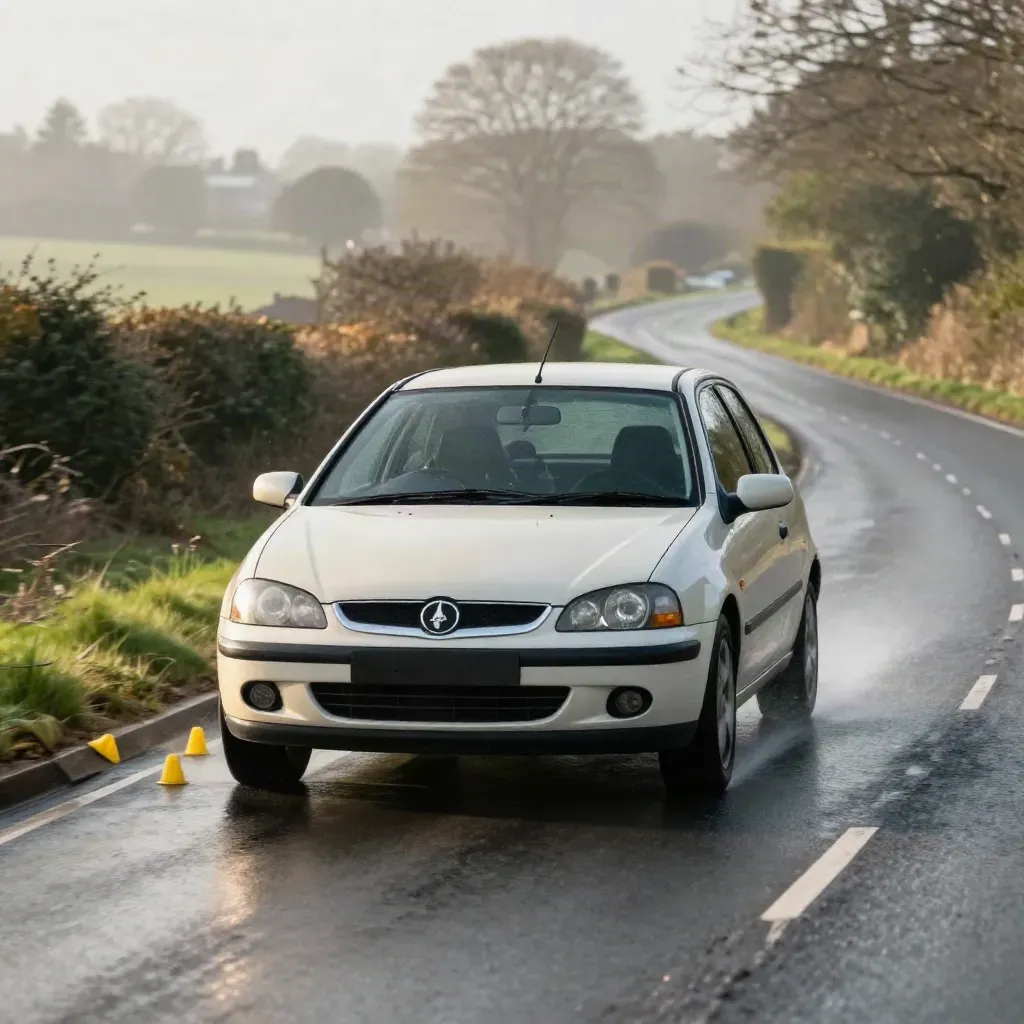 Manual learner hatchback pulling away on a misty country lane beside two yellow cones.