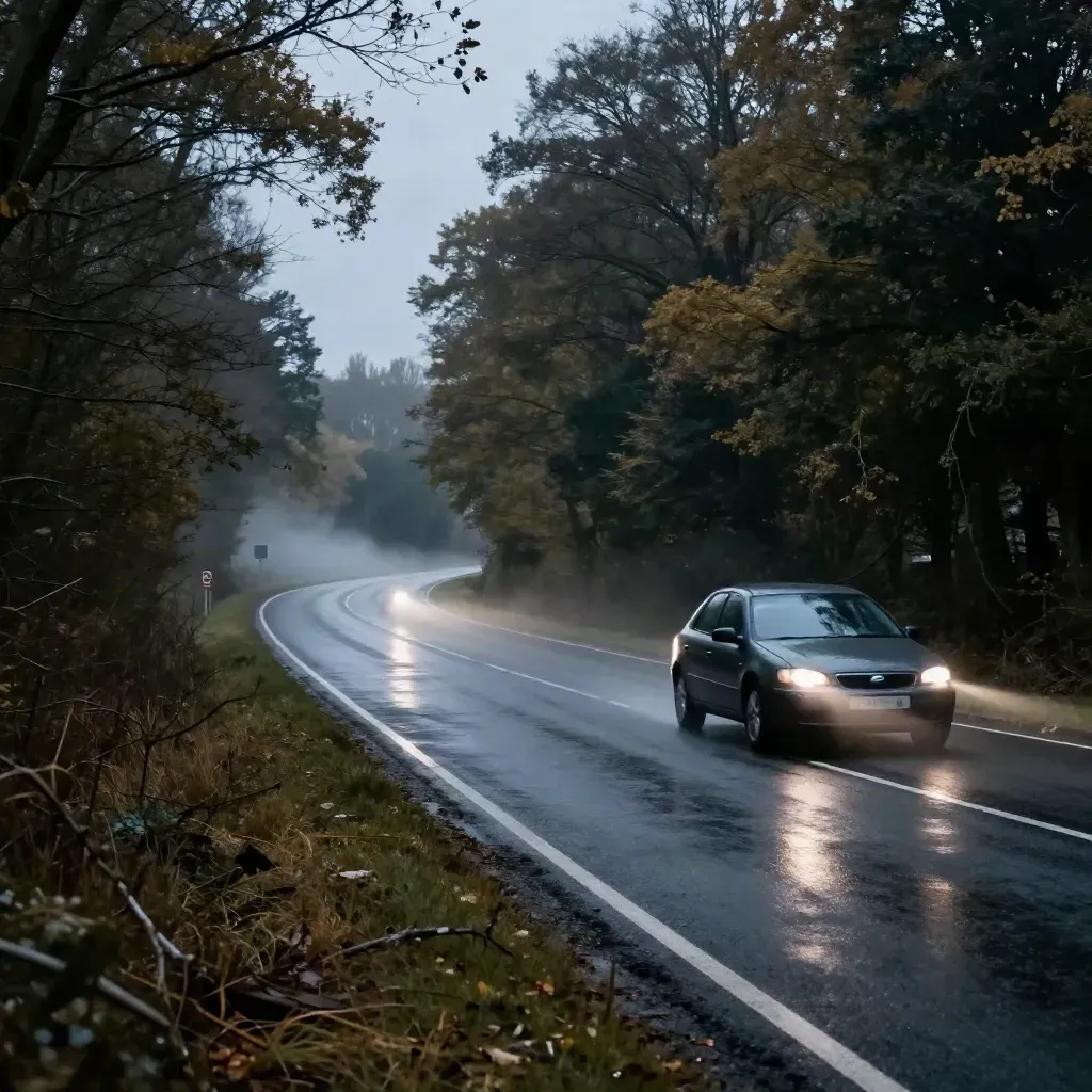 Learner car merging on a wet tree-lined road at blue hour with headlight bloom