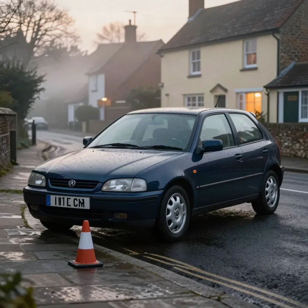 Navy learner car parked by a damp Guildford curb with a cone set aside at dusk.