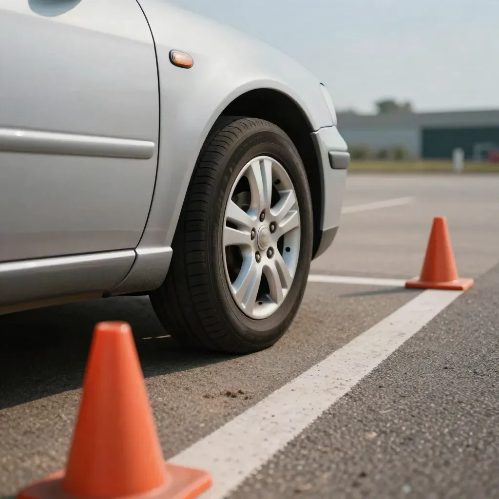 Automatic hatchback easing into a marked test-centre bay beside cones at blue hour.