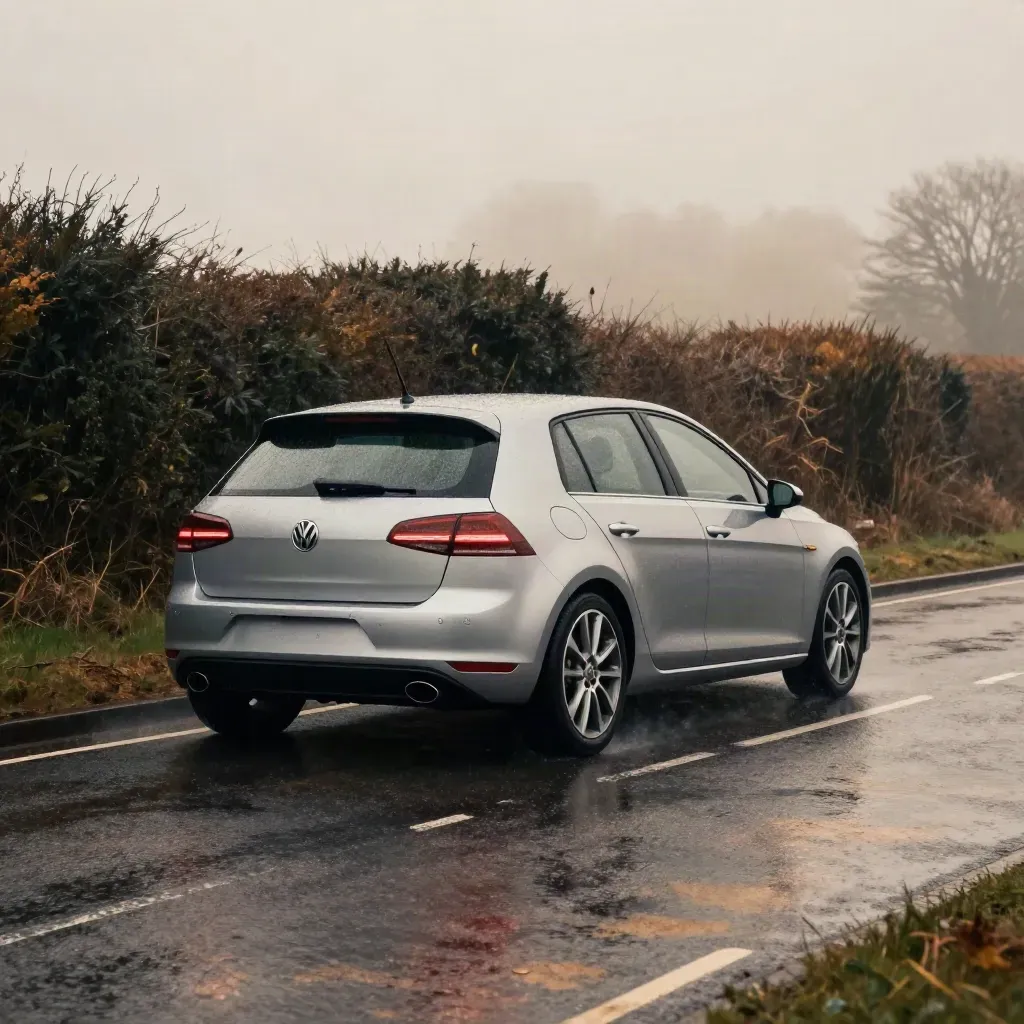 Silver hatchback driving away on a wet Surrey A-road with mist, studs and dark hedges.