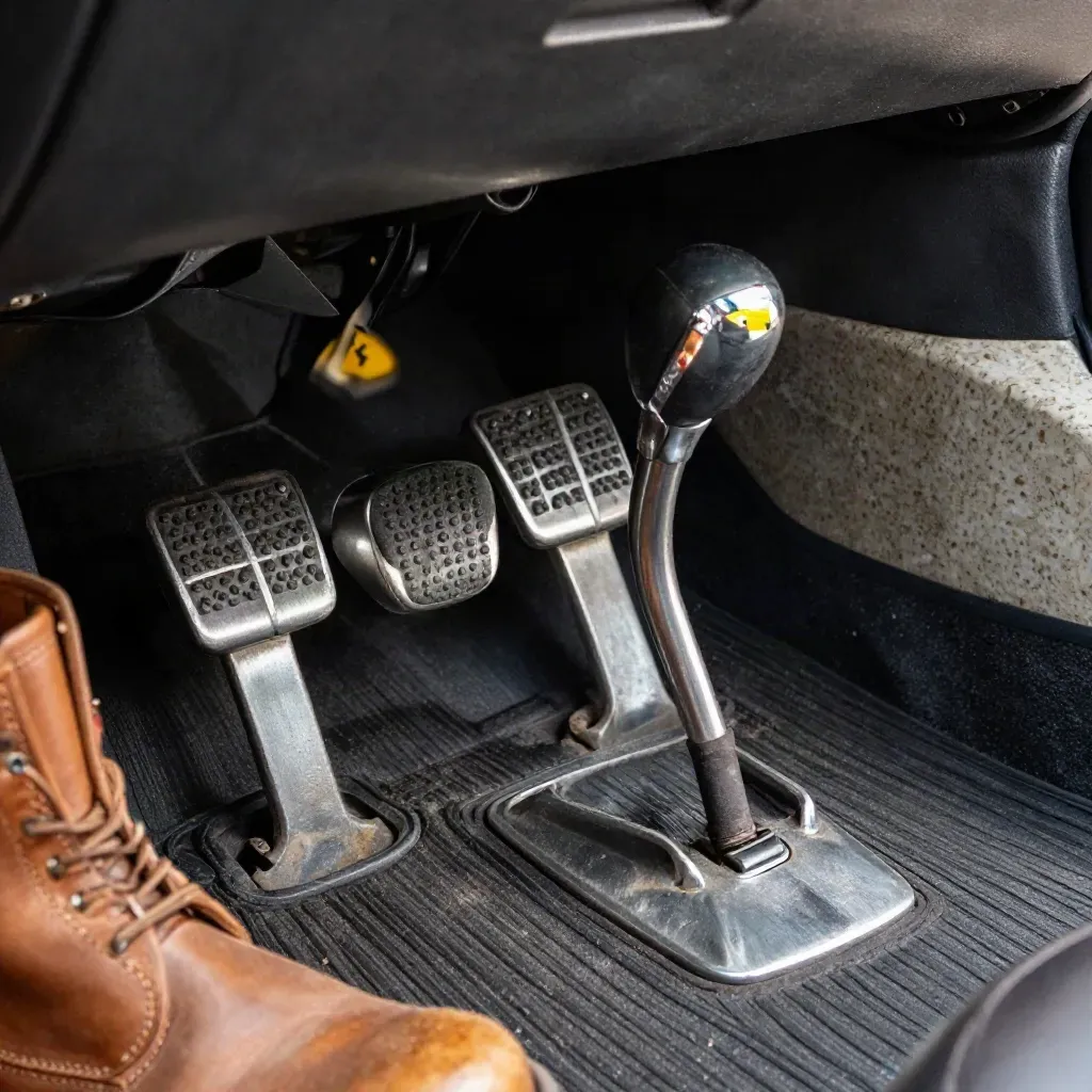 Manual gear lever, pedal faces and rubber mat in a dim learner car footwell
