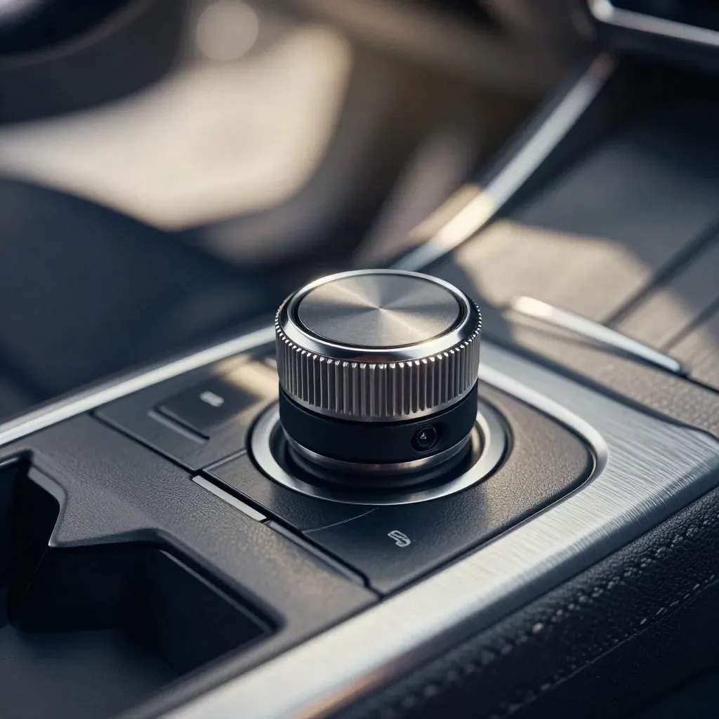 Macro of automatic selector dial, start ring and parking-sensor module in a dark car console.