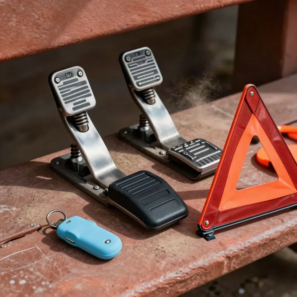 Dual-control brake pedal assembly, warning triangle and key fob on a stone bench.