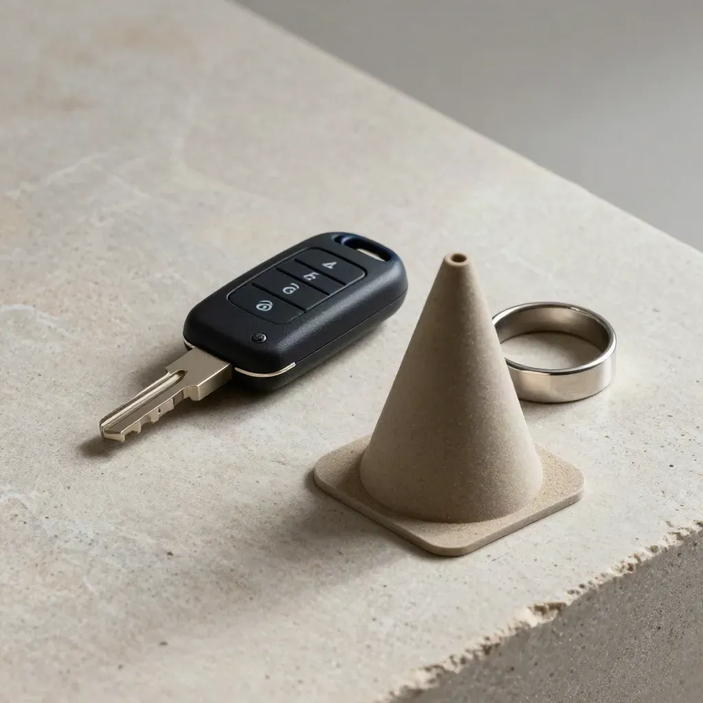 Car key, mini cone and ignition ring on brushed stone in soft side light