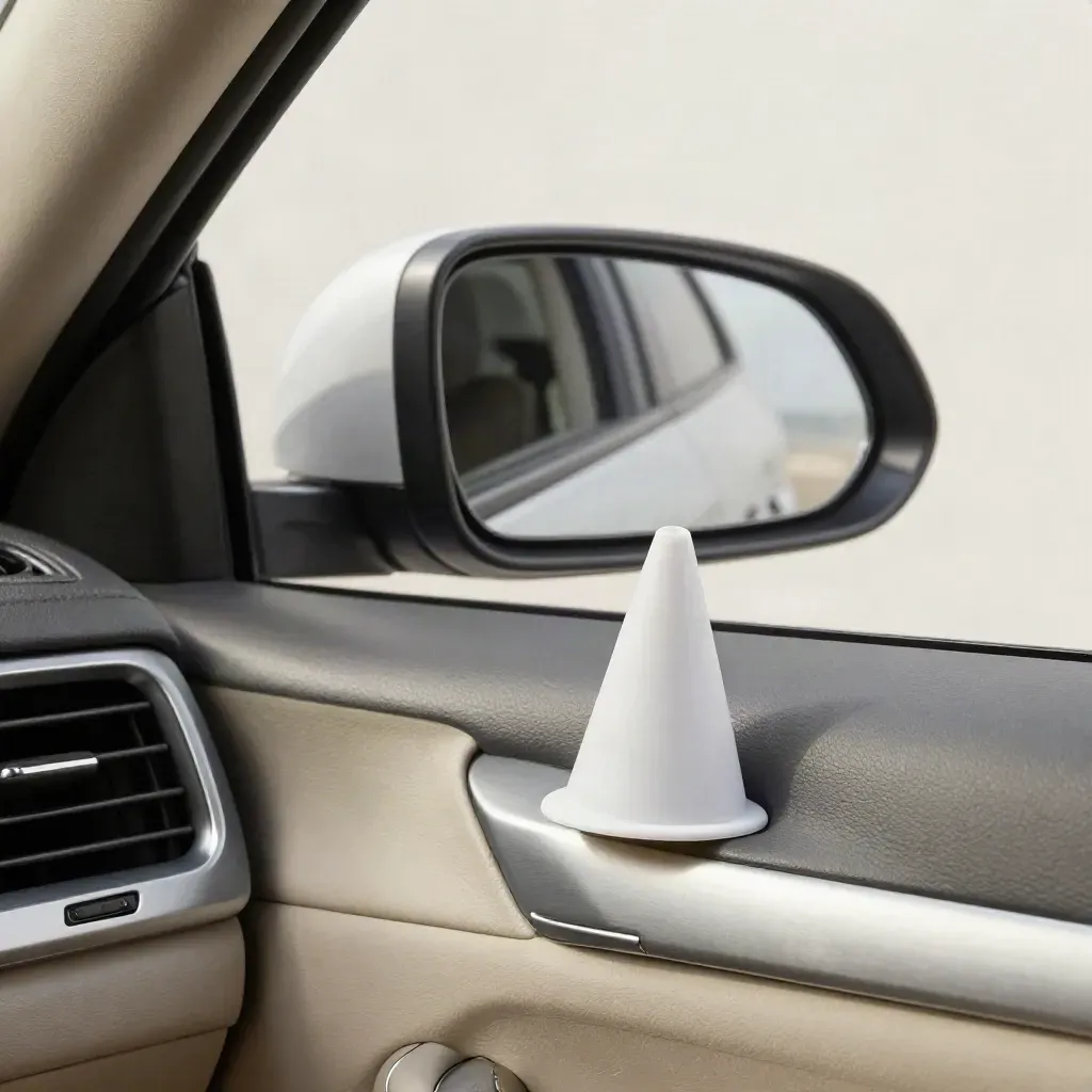 Car mirror, air vent and small cone on a pale plaster sweep, lit softly from one side