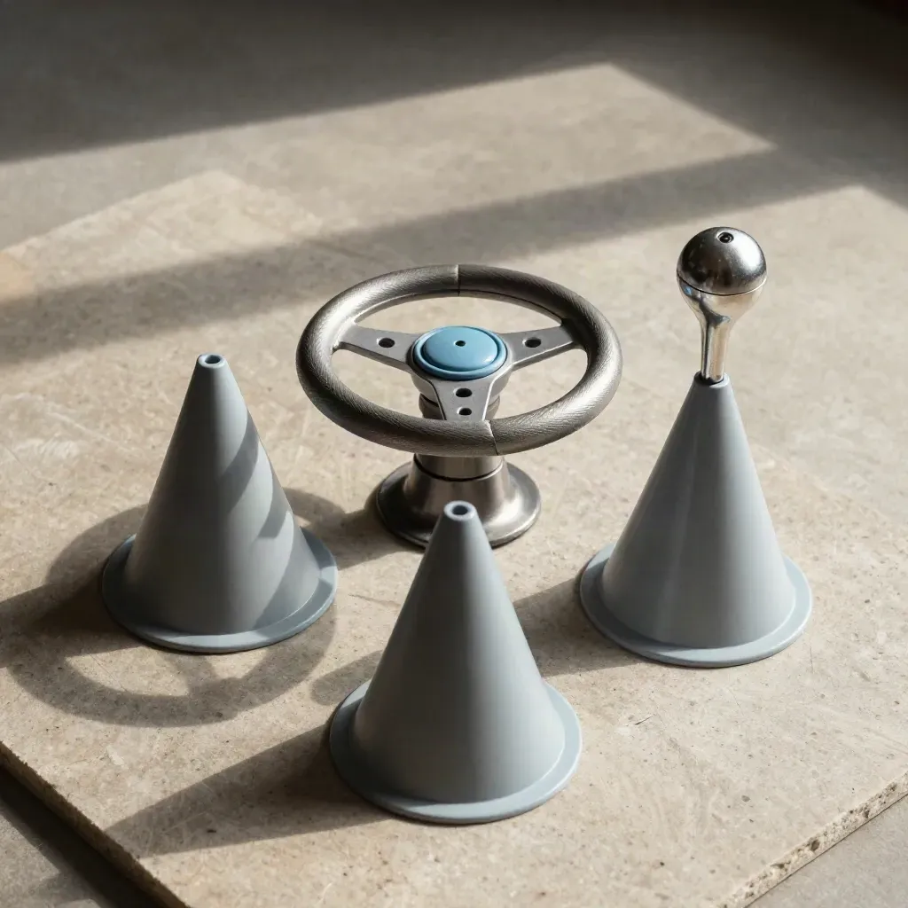 Overhead flatlay of cones, steering hub and gear lever on stone with a subtle sky-blue accent.