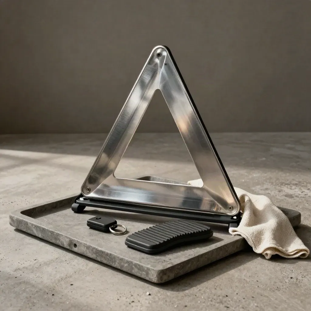 Roadside triangle, key fob and rubber pedal pad arranged on a stone tray with soft daylight