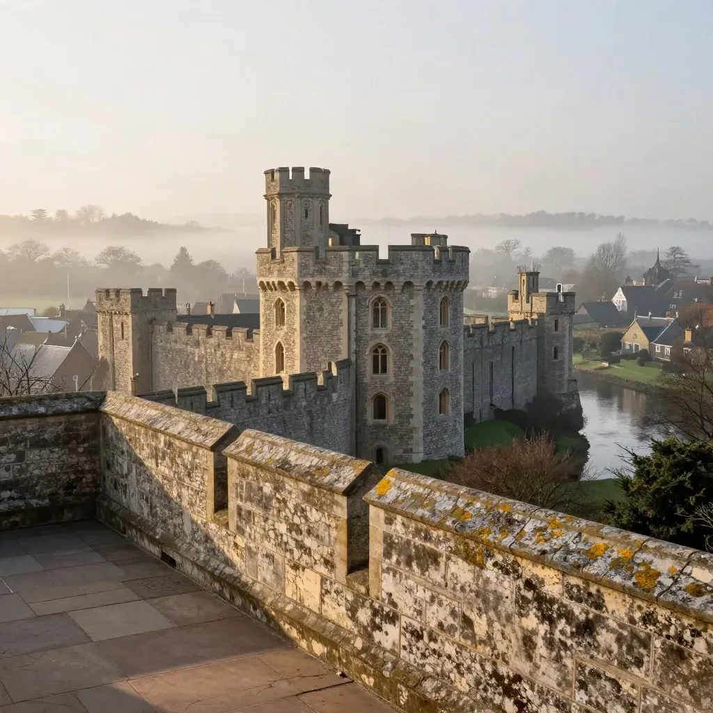 Guildford Castle above misty rooftops and the River Wey valley at dawn, seen from a stone terrace.