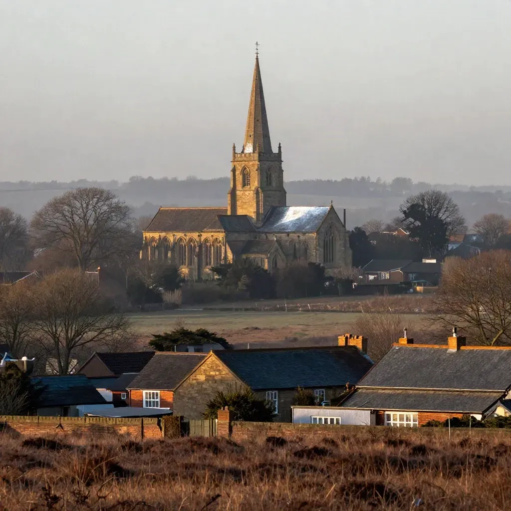 Woking skyline and church spire above heathland and rooftops in warm evening haze