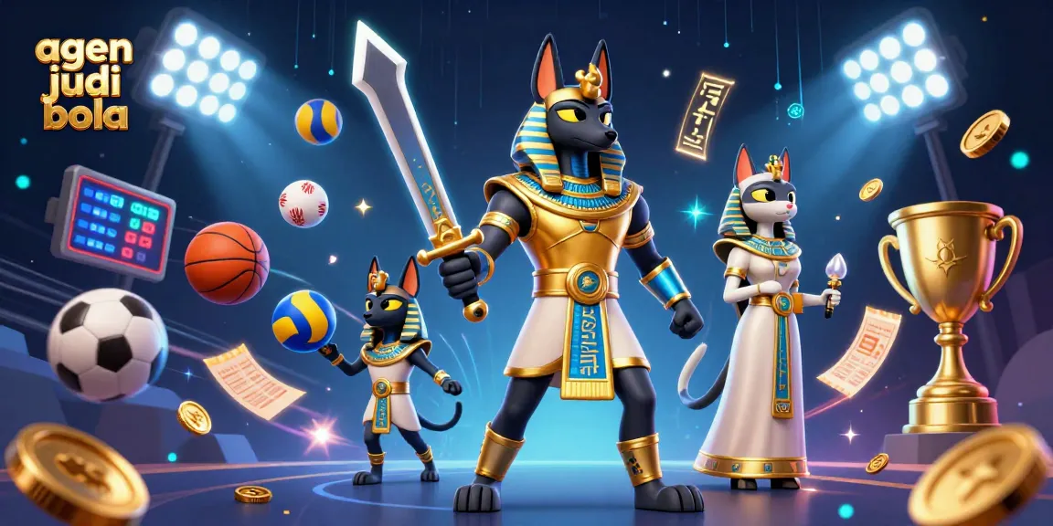 A dynamic scene showcasing agen judi bola with an Egyptian warrior, sports balls, and glowing elements.