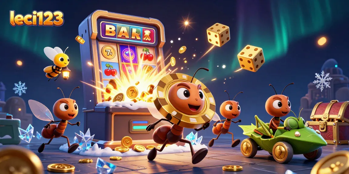 Engage with Leci123's thrilling heist scene featuring 3D cartoon ants, a jackpot explosion, and vibrant casino elements.