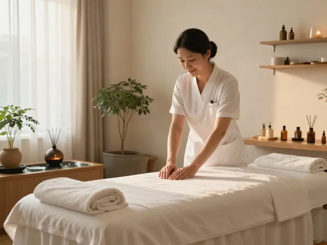 Relaxing massage setup for 영등포출장마사지 with aromatic oils and soft lighting.