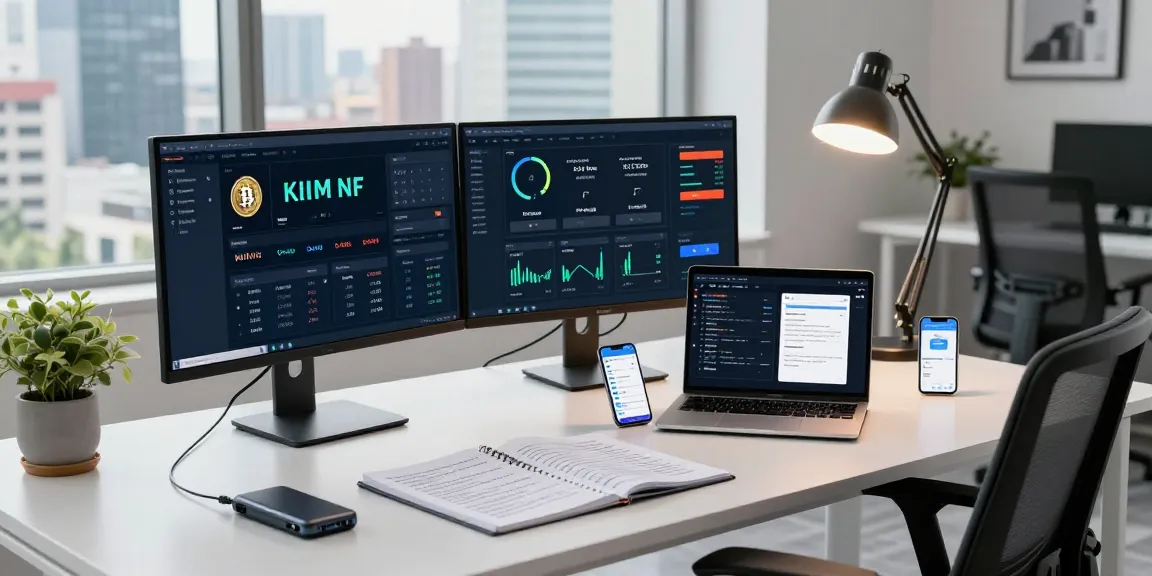 Crypto mining platform dashboard in a modern office with multiple screens, showcasing digital currency performance and security.
