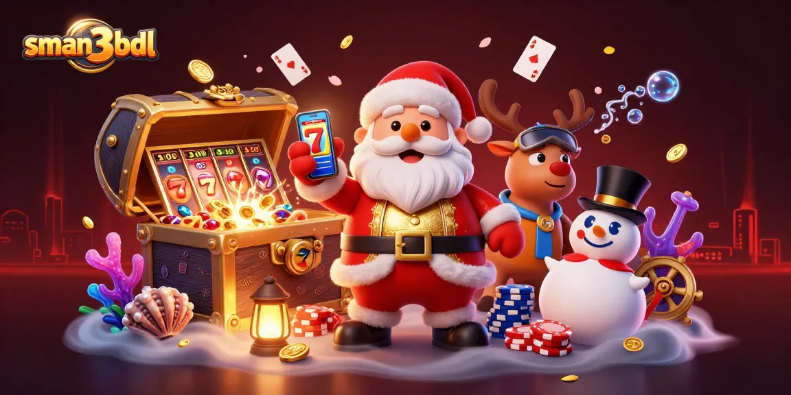 Gambarlah sman3bdl dengan Santa yang beruntung menampilkan jackpot slot di kasino.