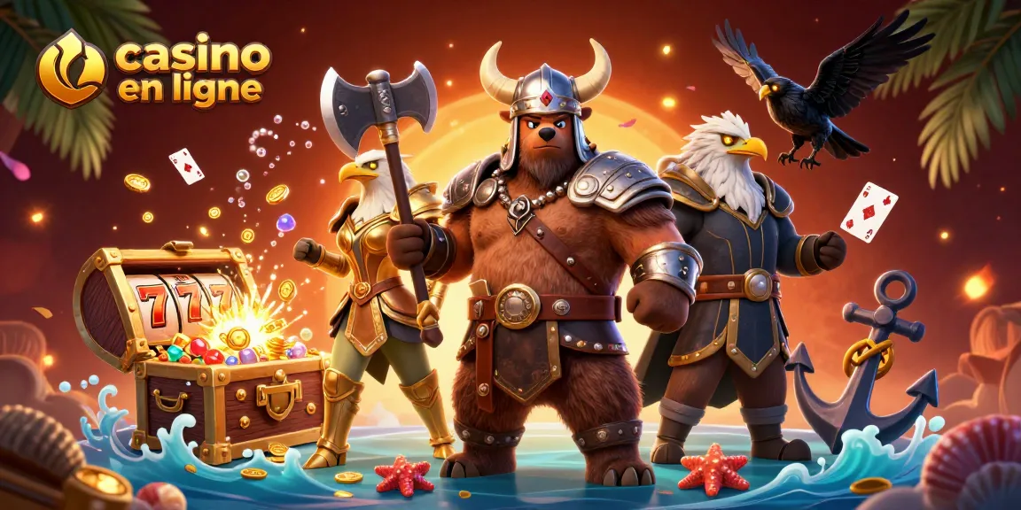 Jouez au casino en ligne avec cette illustration captivante mettant en scène un ours viking et un aigle valkyrie.