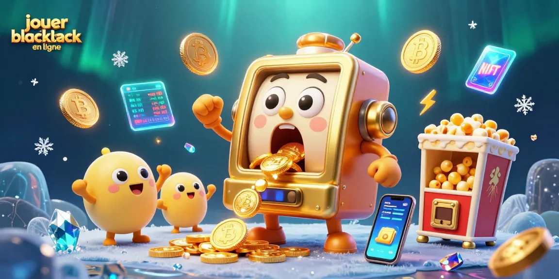 Jouer au blackjack en ligne avec des machines à sous et des pièces en crypto illuminées dans une illustration 3D dynamique.