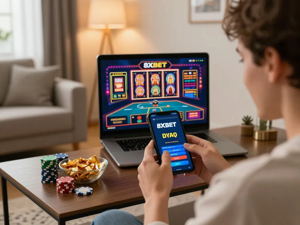 8xbet player engaging in dynamic mobile gaming session with chips and snacks