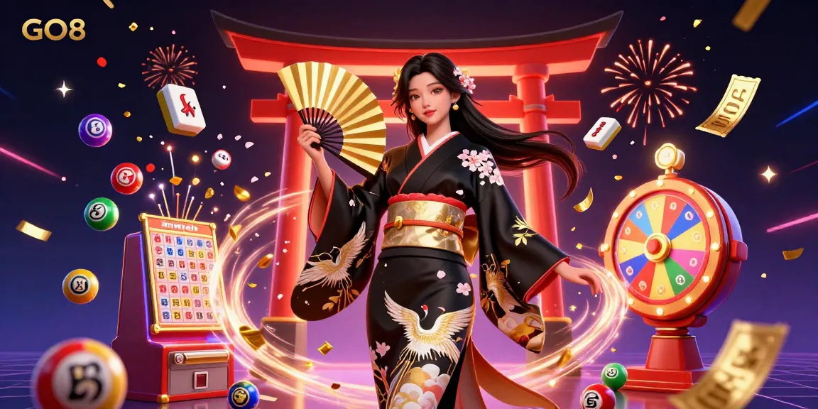 Immerse in the vibrant GO8 casino experience with a photorealistic Asian woman celebrating amidst dynamic gambling elements.