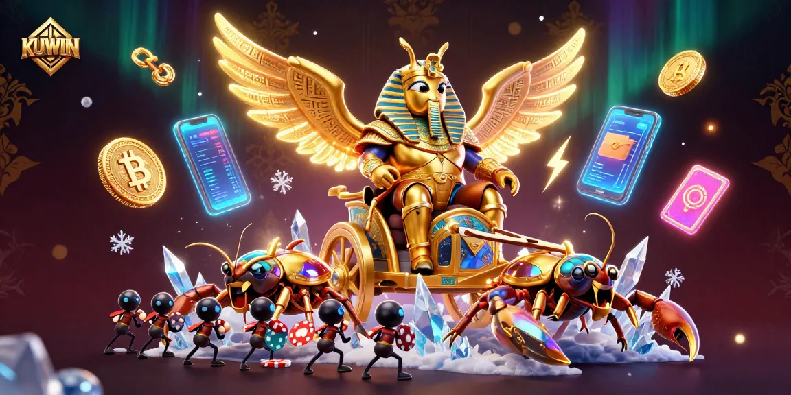 Experience KUWIN with a vibrant casino scene featuring a golden scarab, glowing cryptocurrency, and dynamic game elements.