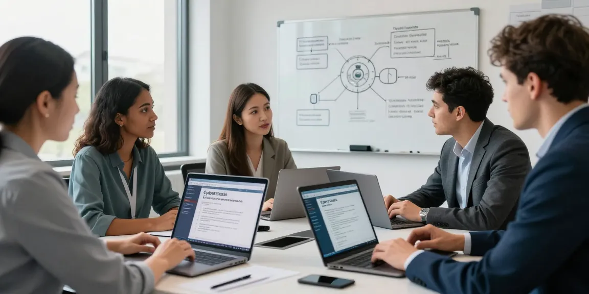 Team of IT professionals discussing the cyber essentials questionnaire in a modern office setting to enhance cybersecurity compliance.