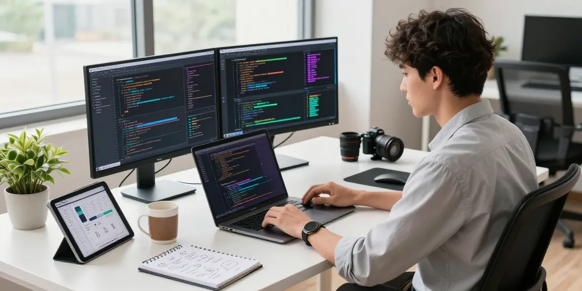 Productive workspace scene with a programmer focused on coding telegraimin.com on dual screens, surrounded by high-tech gadgets and a motivating atmosphere.