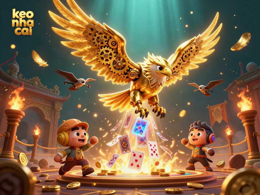 Experience keo nha cai strategies with a vibrant scene of a golden eagle amidst dynamic gambling elements.
