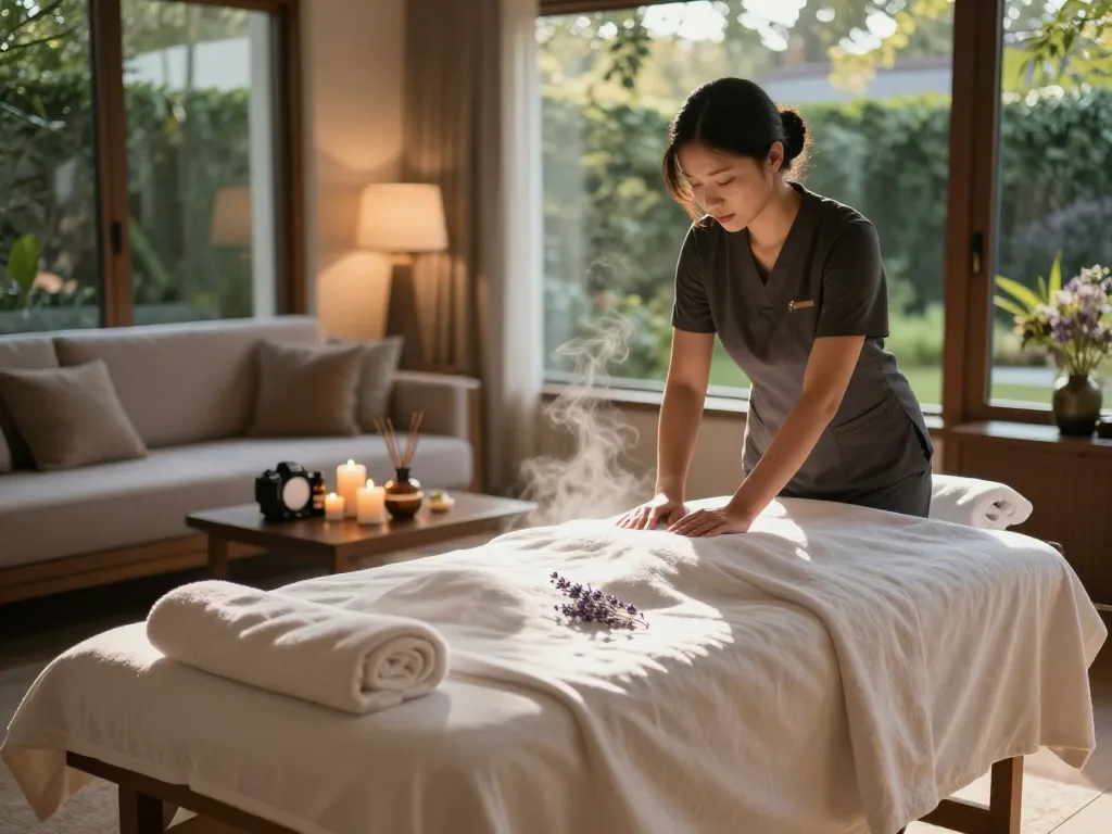 출장안마 session setup in a tranquil hotel room with calming ambiance and professional massage therapist