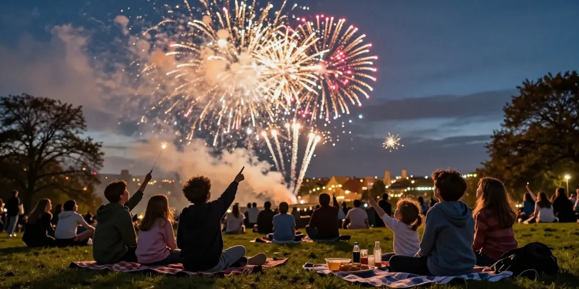 Exciting family gathering watching fireworks in the UK sky celebrating occasions.