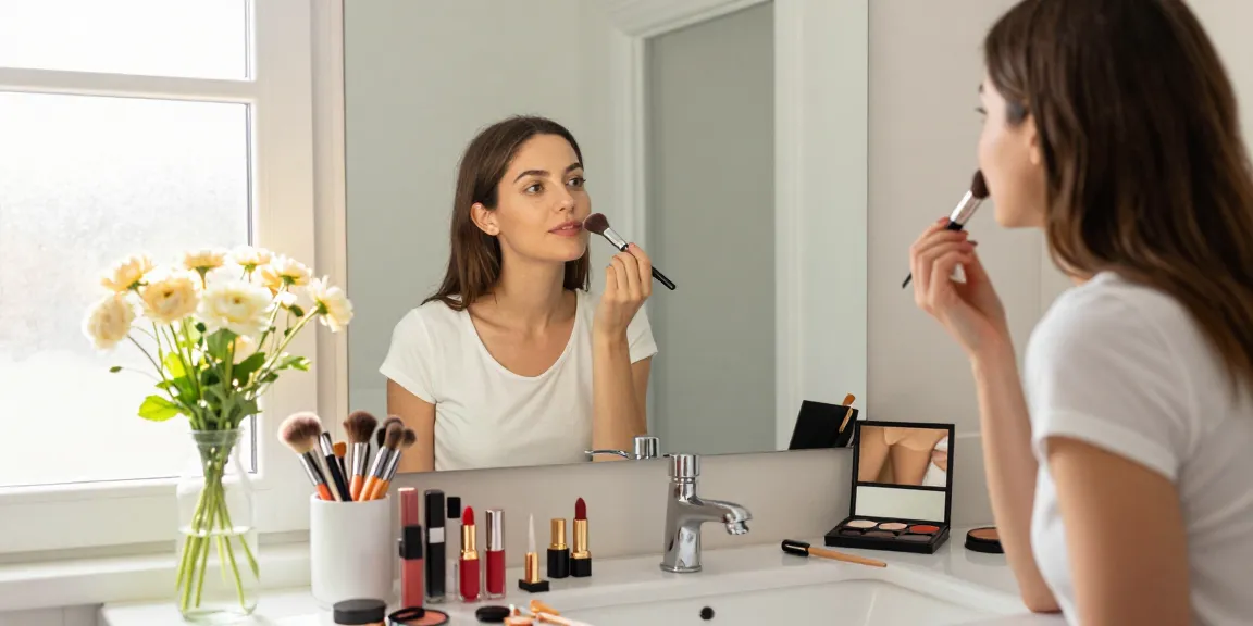 Applying makeup with a dense makeup brush in a well-lit bathroom surrounded by cosmetics and flowers.