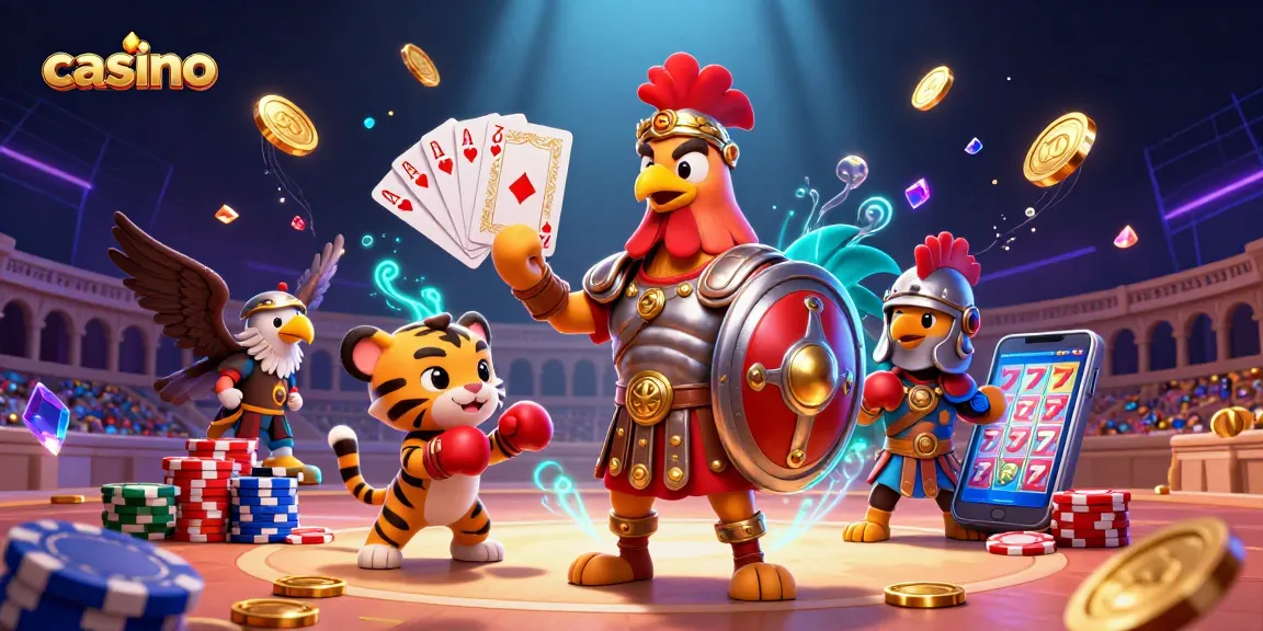 Experience thrilling casino adventures with a vibrant 3D illustration of a charismatic rooster and tiger sparring at a lively colosseum.